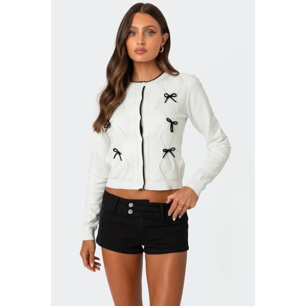 Edikted Contrast Bow Cardigan In Cream Size Small